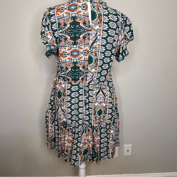 Kirundo Boho Floral Green and Orange Ruffle Sleeve Flowy Mini Dress Size Medium - Picture 11 of 16